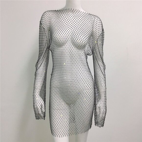 Nightclub Sexy Dress See-Through Mesh Long Sleeve Fishnet Sheer Dress Black - Picture 3 of 7